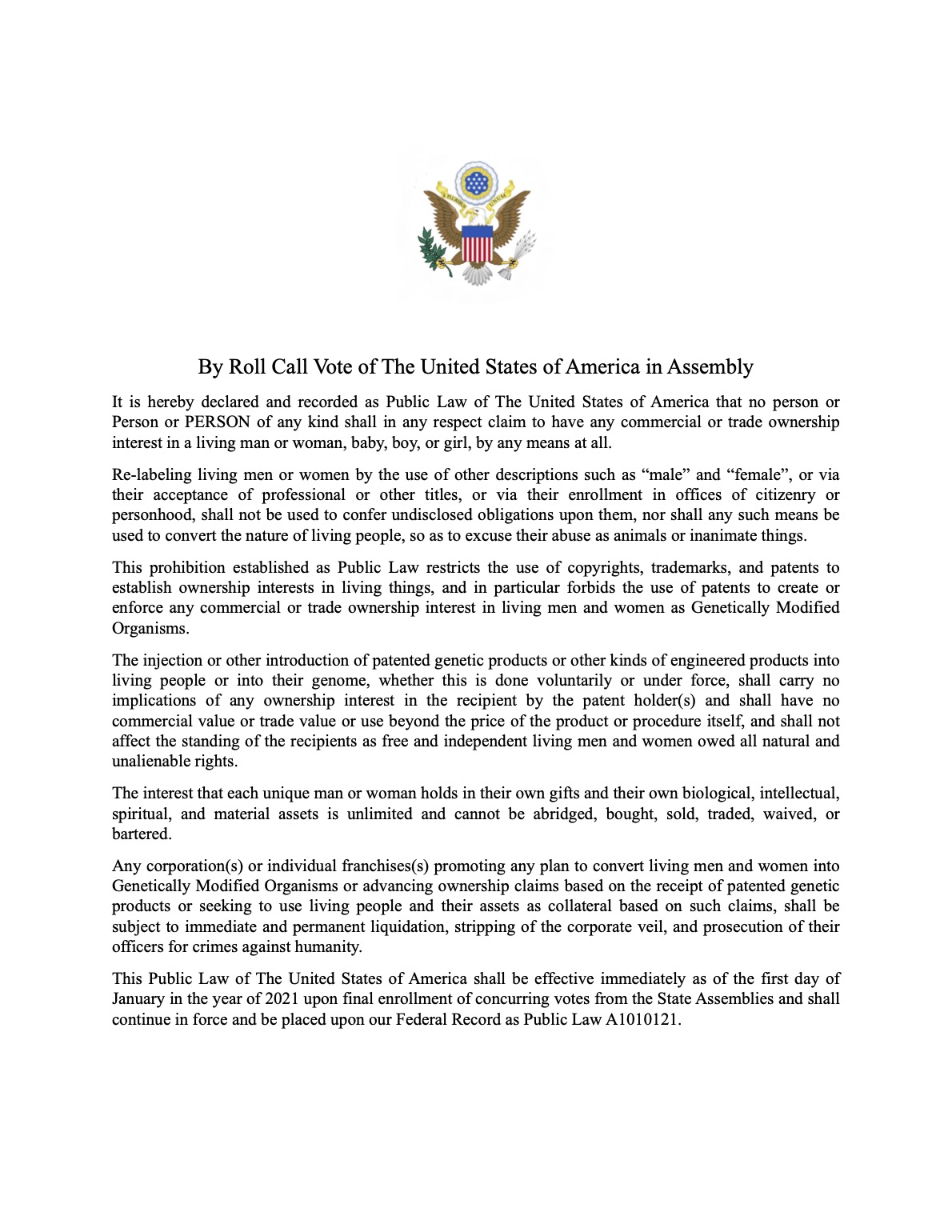 Public Law 20A1010121-01 21-2021